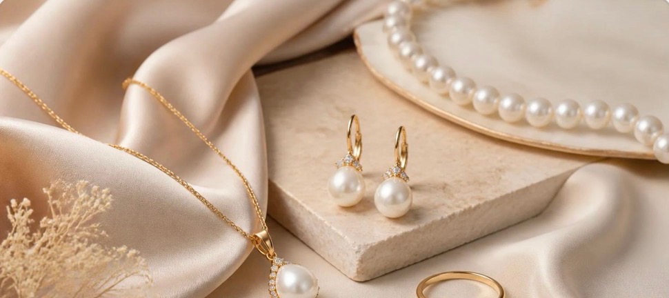 Pearl drop earrings, pendant and ring on champagne satin